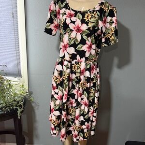 LuLaRoe Black Floral Midi Dress with Pink Blooms